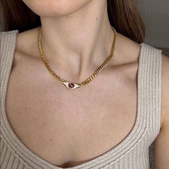 Elegant Gold necklace with cz stones and Red Gemstone - Picture 6 of 6